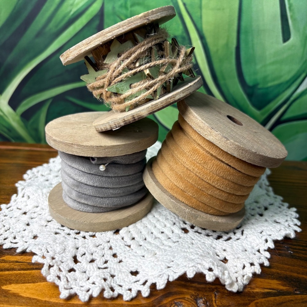 Decorative Wood Spools Brown Gray Velvet and Burlap Stars Home Decor